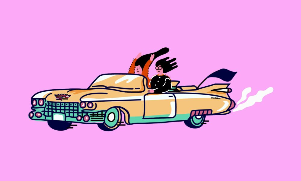 The header image shows an illustration of two women riding in a car.