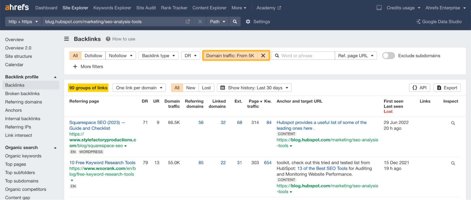 Backlinks report with a "Domain traffic" filter applied, via Ahrefs' Site Explorer
