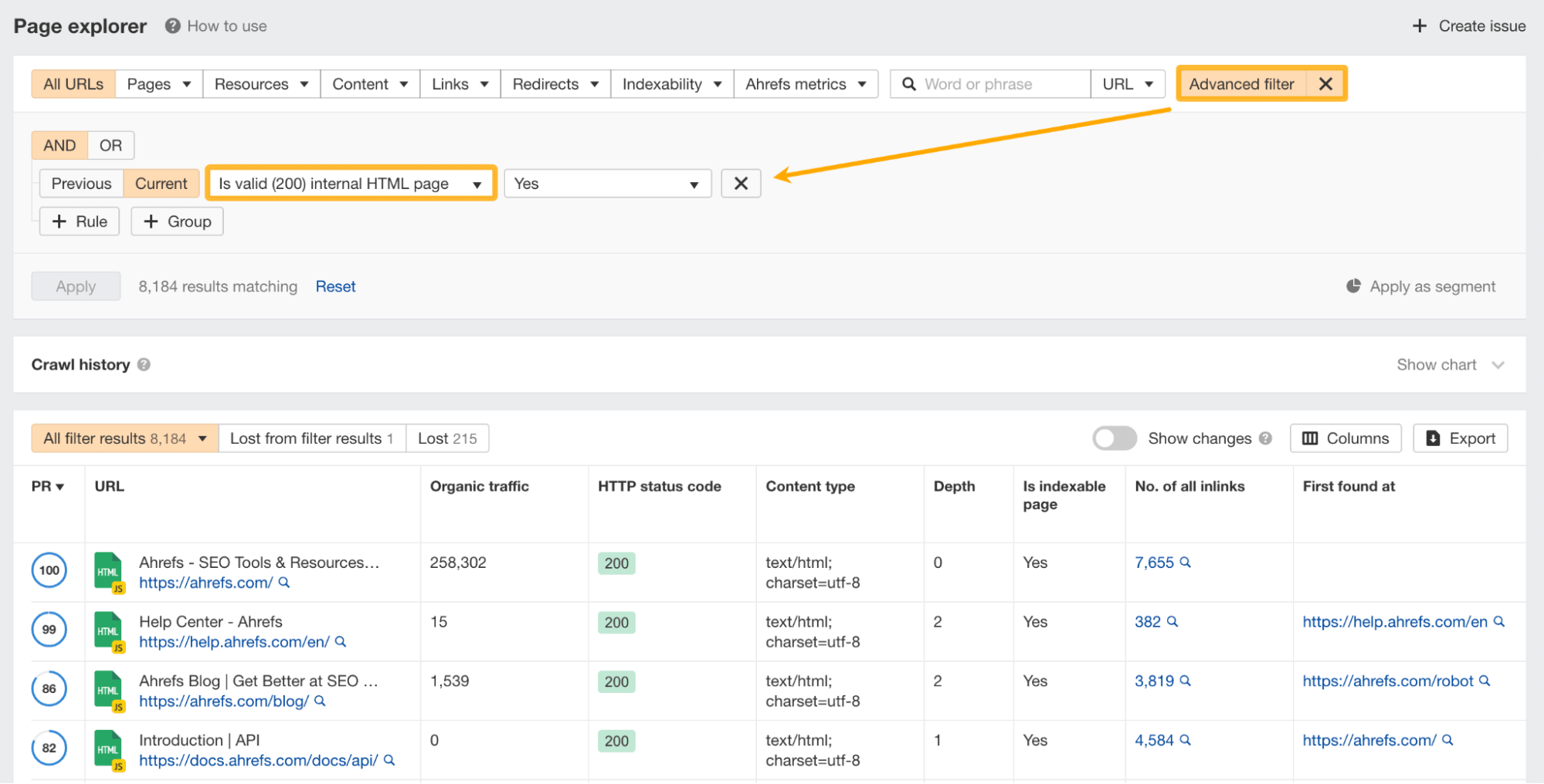 Advanced filter in Page explorer report, via Ahrefs' Site Audit