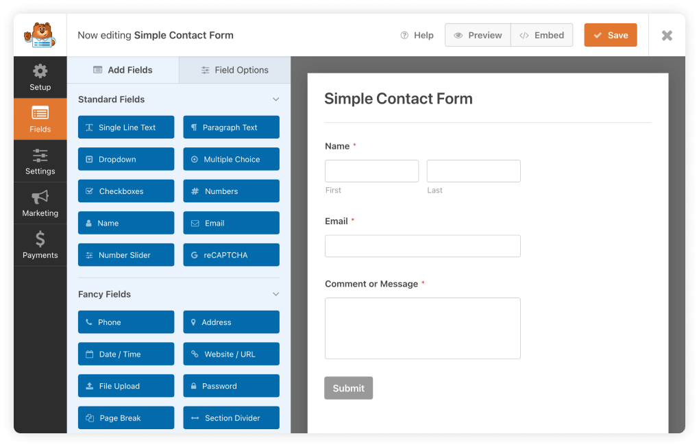 WPForms form editor UI