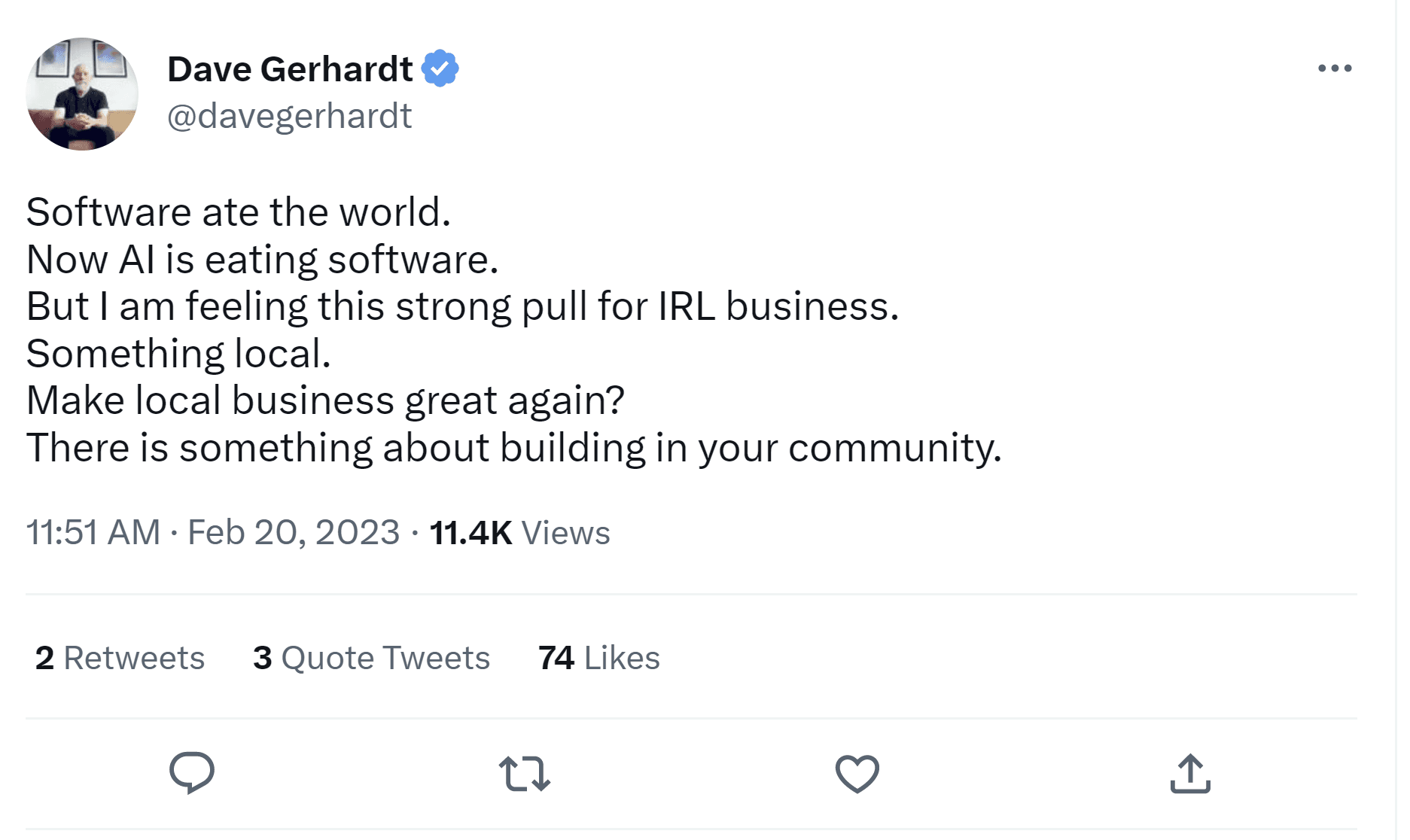 screenshot of tweet in which author expresses fatigue with technology and states that he would like to build something local in his community.