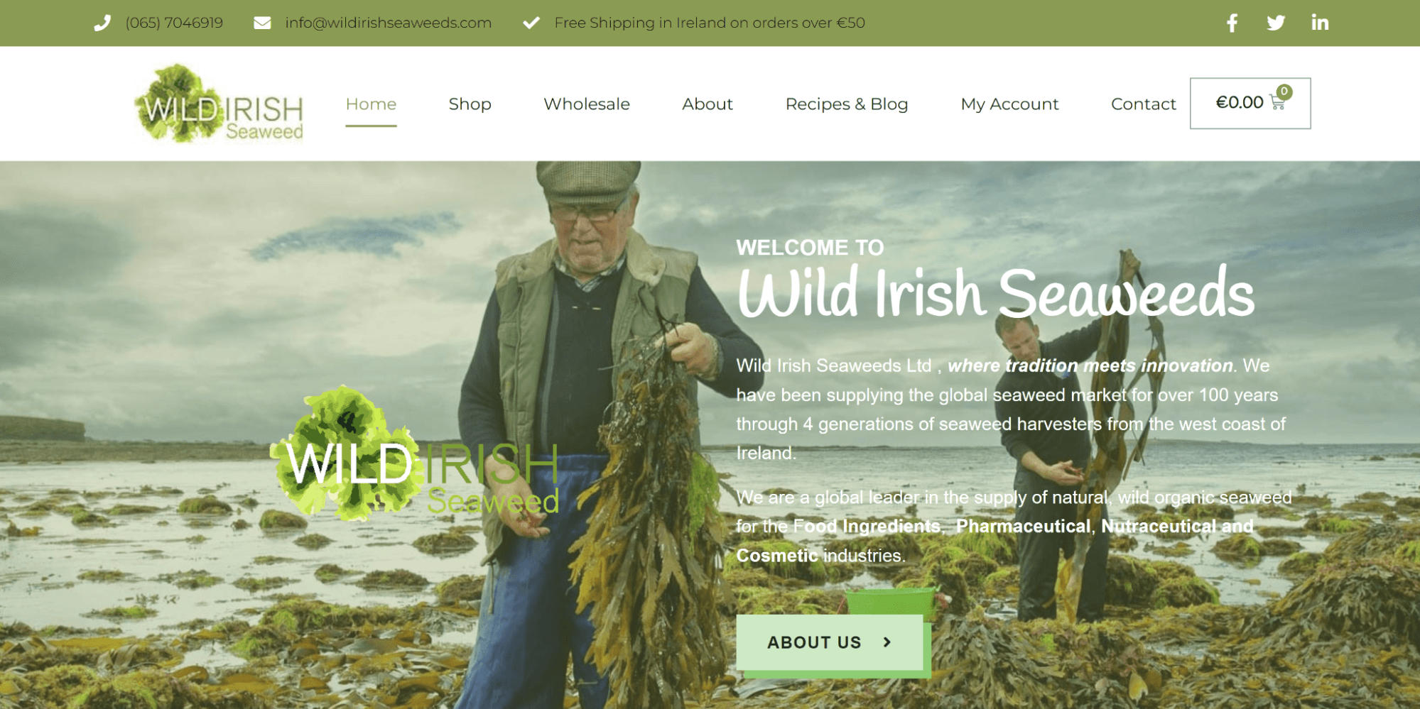 Screenshot of a website featuring the harvesting of Irish seaweed.