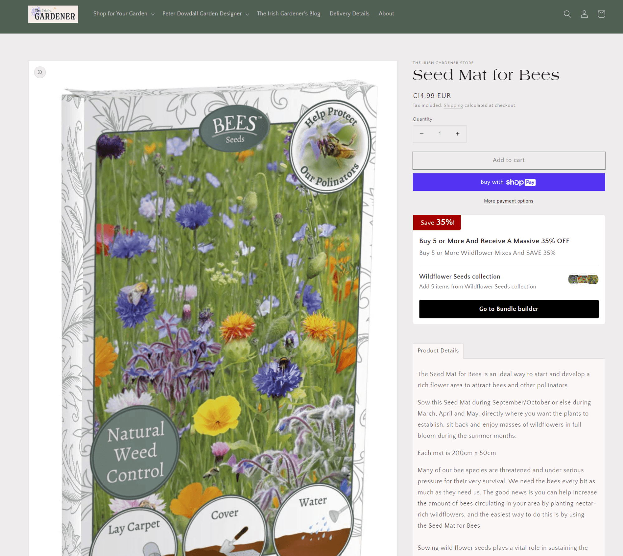 Skärmdump av en webbplats som säljer utrullning av frömattor för vilda blommor för att ersätta gräsmattor.