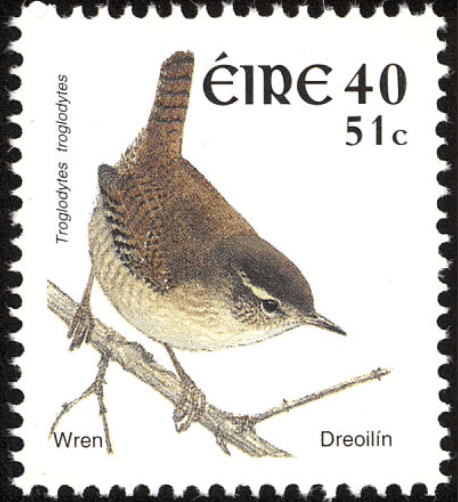 Irish stamp featuring a native wren bird.