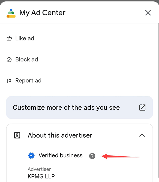 Google Ads Blue Verified Advertiser Badge More