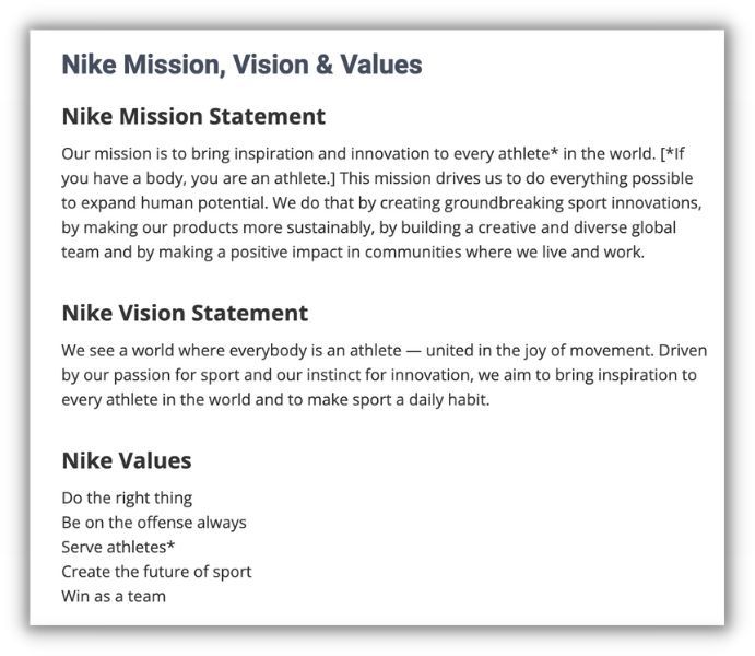 nike företagets vision, mission och värderingar