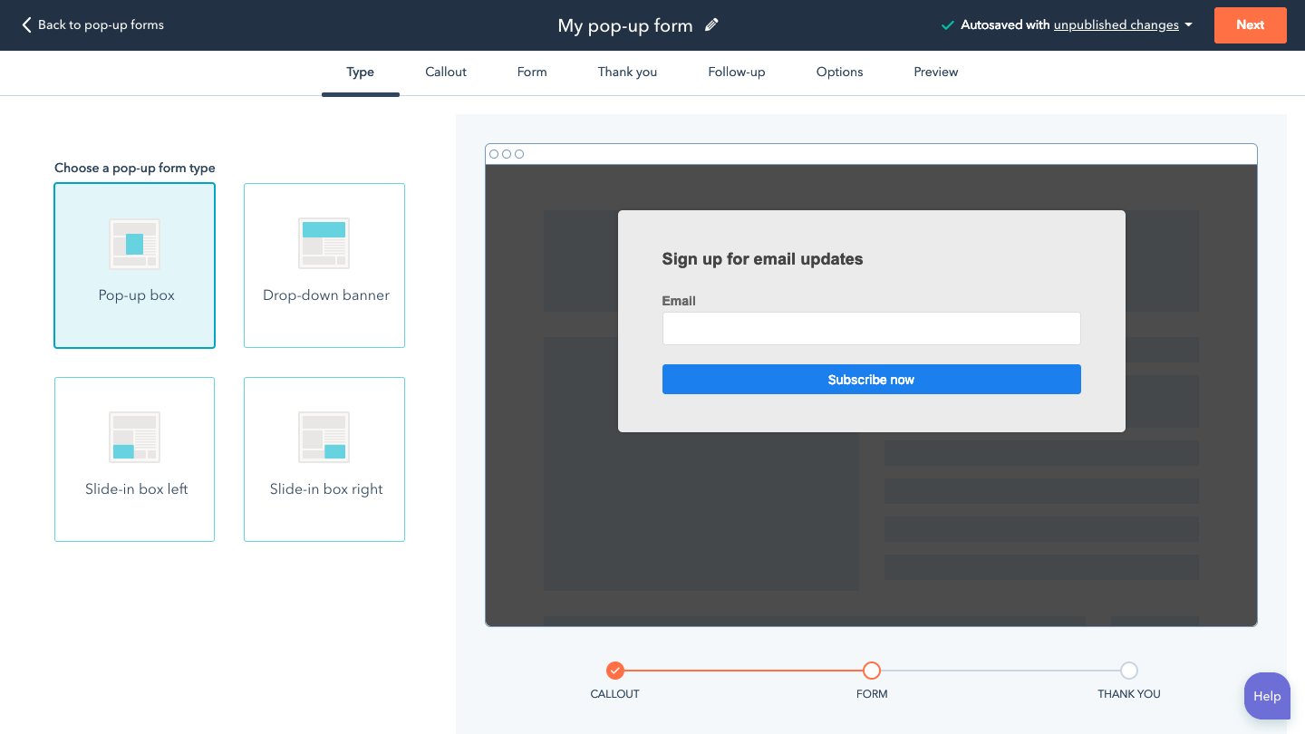 Example of HubSpot's popup form