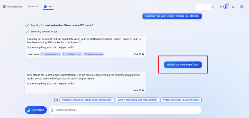 Bing AI Chatbot responding to my query of "what is the meaning of SEO?"