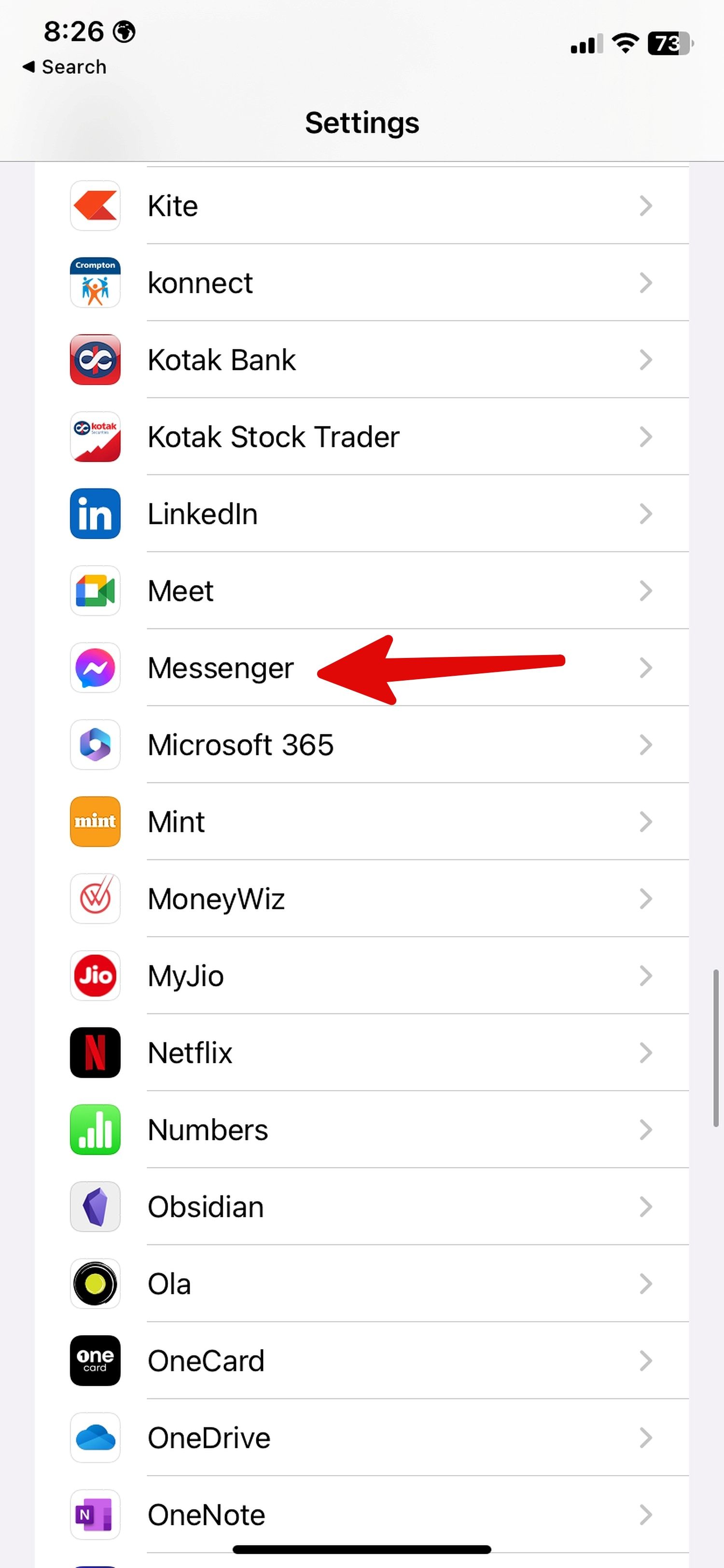 open Messenger in iPhone Settings