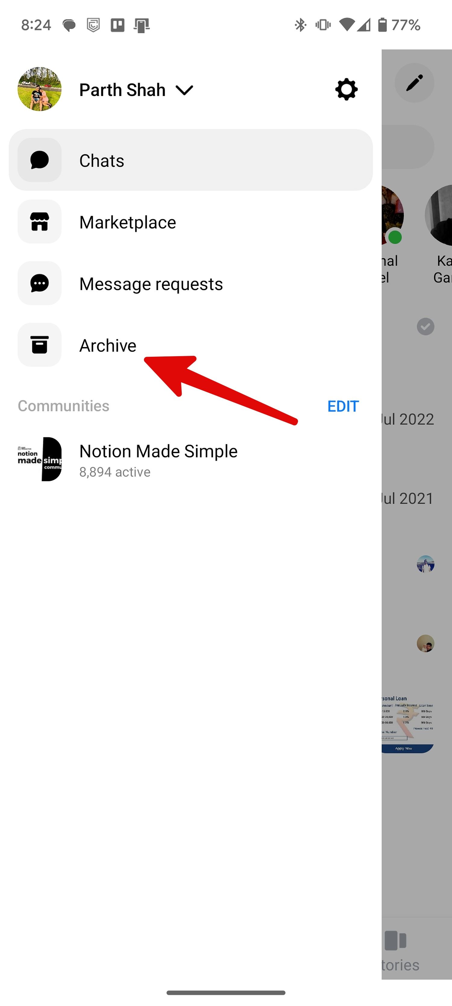 archive menu on Messenger