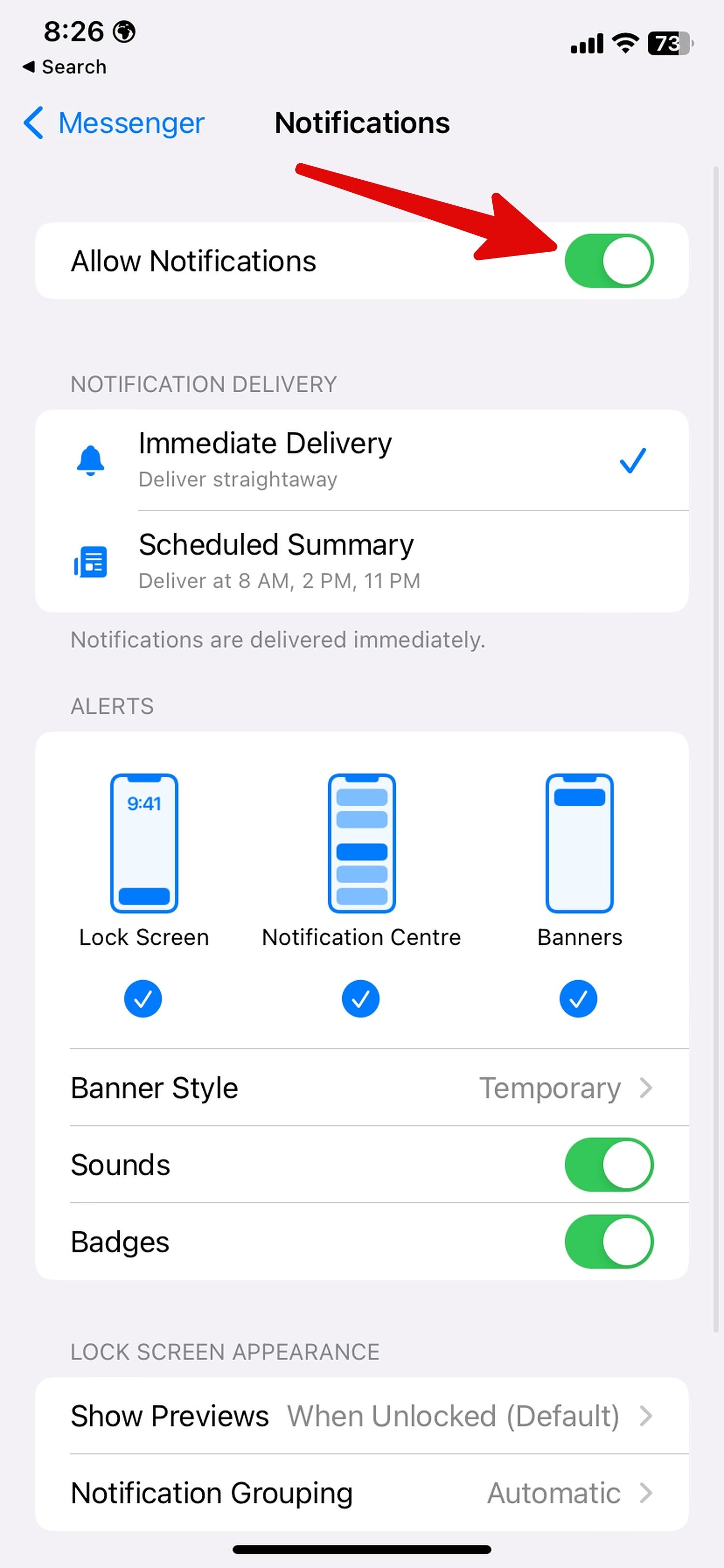 enable notifications on Messenger for iPhone