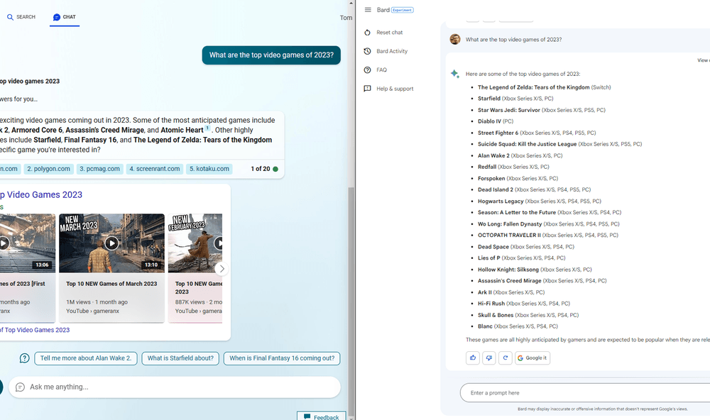 Google Bard vs. the New Bing