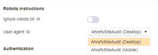 Selecting user agent, via Ahrefs' Site Audit crawl settings
