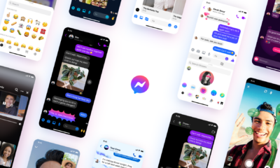 Eine Collage aus Facebook Messenger-Bildschirmen mit dem Messenger-Logo in der Mitte