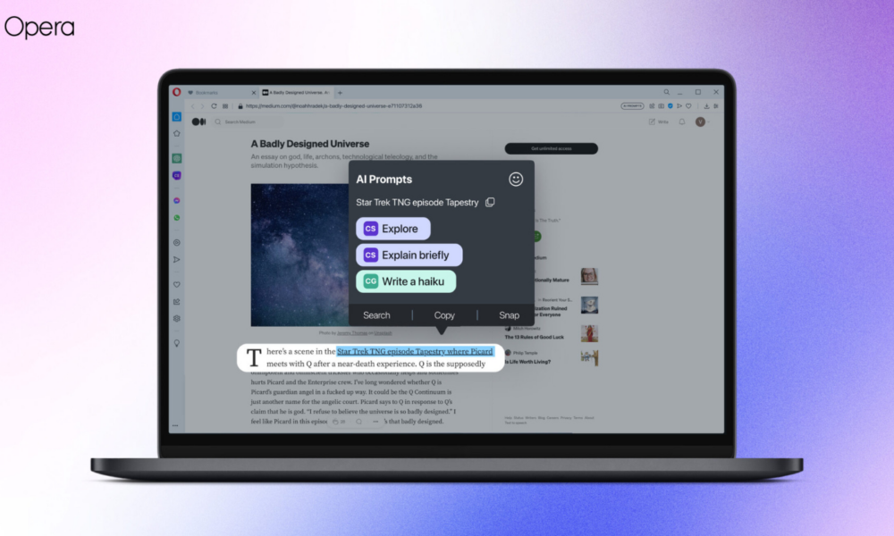 Opera Introduces AI-Powered Features In Desktop Browsers