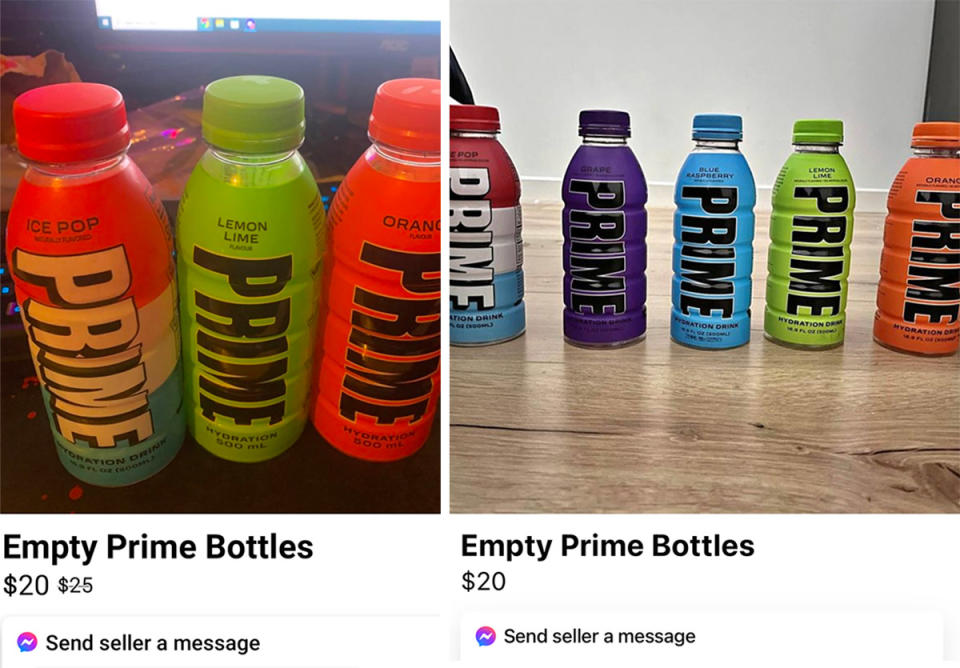 Empty Prime bottles on Facebook Marketplace