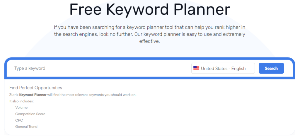 zutrix free keyword planner screenshot