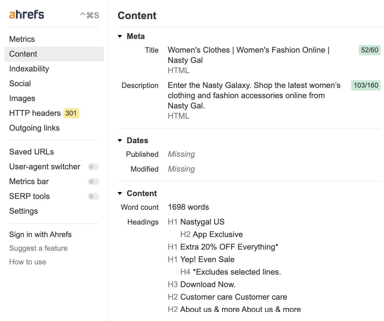 Nasty Gal website content details, via Ahrefs' SEO Toolbar
