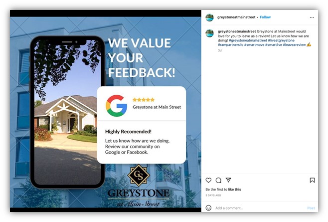 example of social media post on instagram request reviews