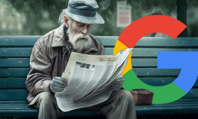 Gammal man som läser papper på bänken Google logotyper