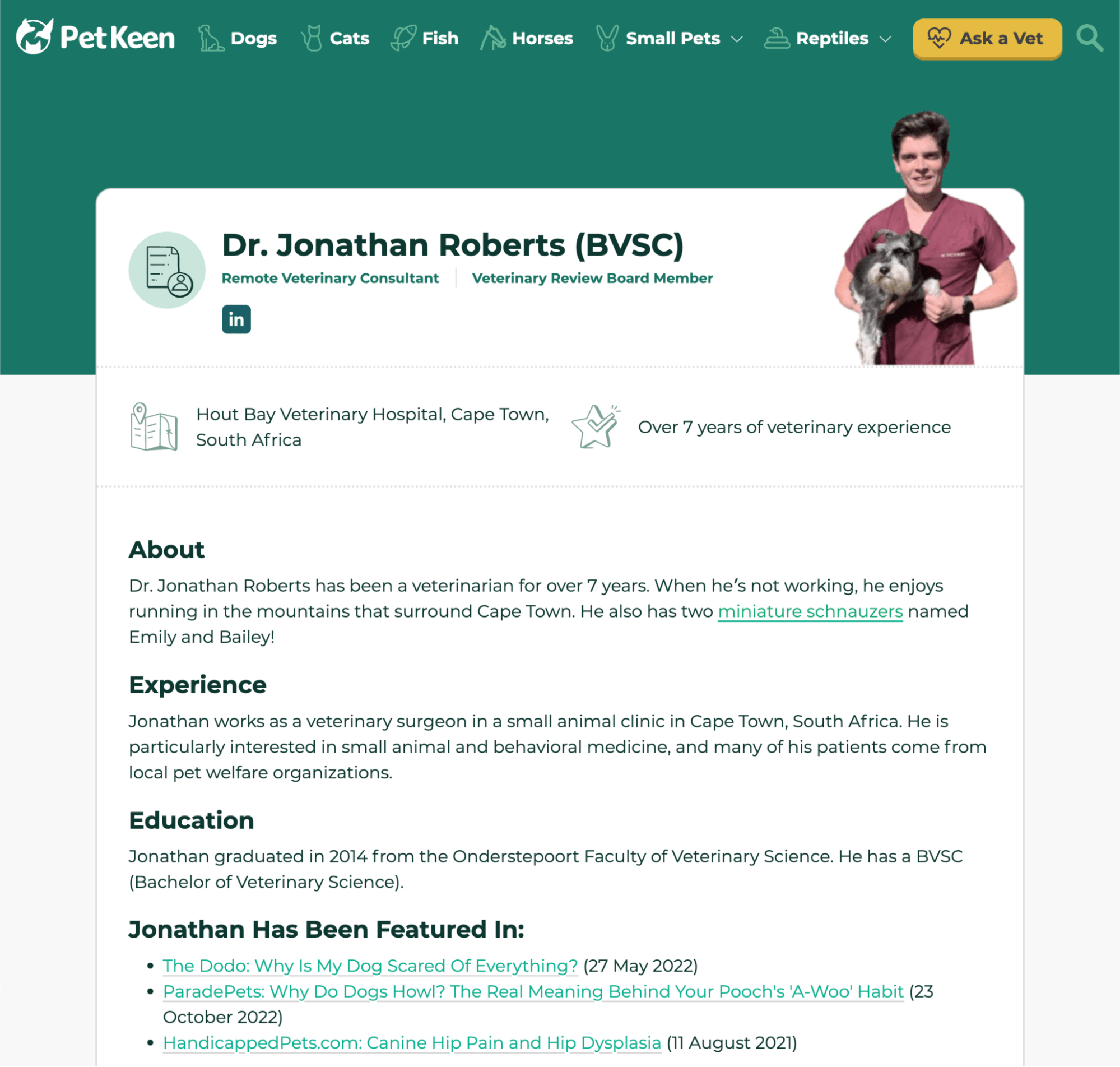 An author page on petkeen.com that shows the expertise of veterinarian Dr. Jonathan Roberts