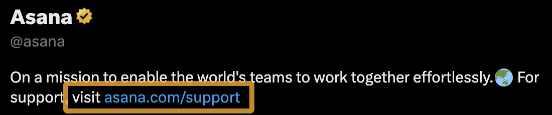 Asana links to its support page in its bio
