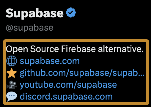 Supabase links to its social profiles and communities in its bio

