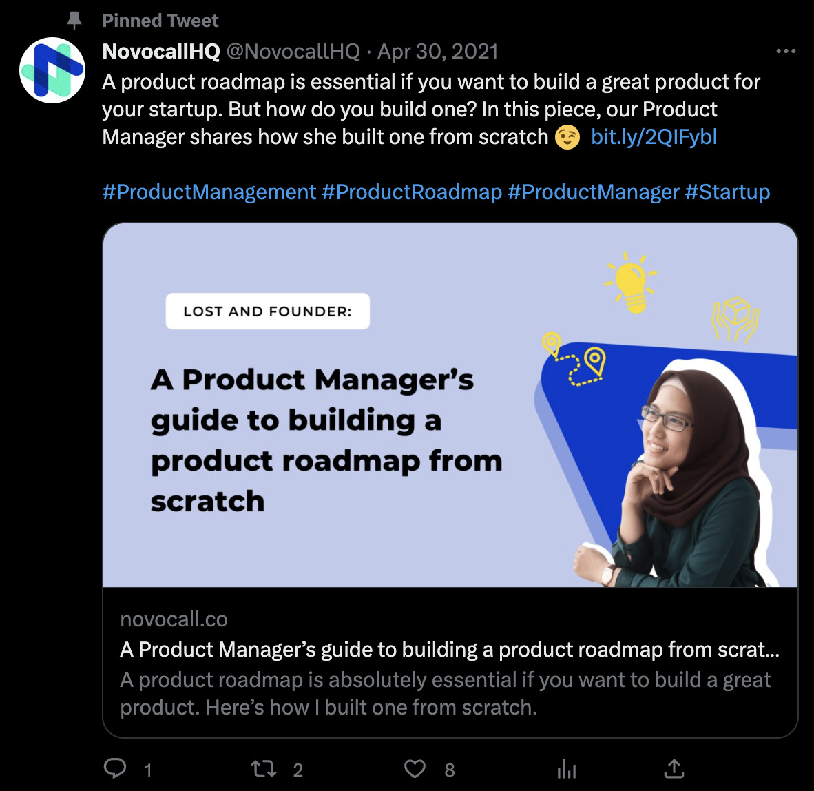 Novocall's pinned tweet promotes a blog post
