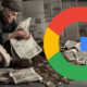 Mann sitzt auf Geld und hält das Google-Logo der Zeitung