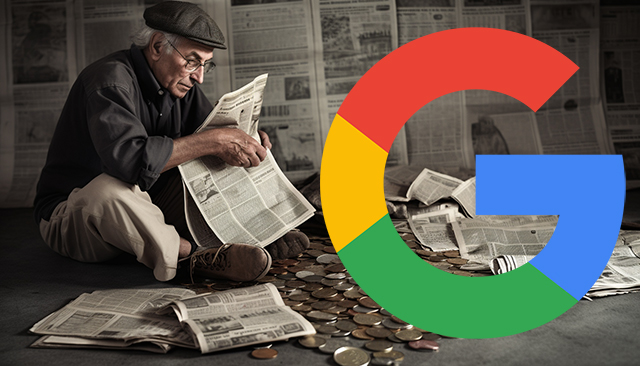 Man Sitting On Money Holding Newspaper Google Logo