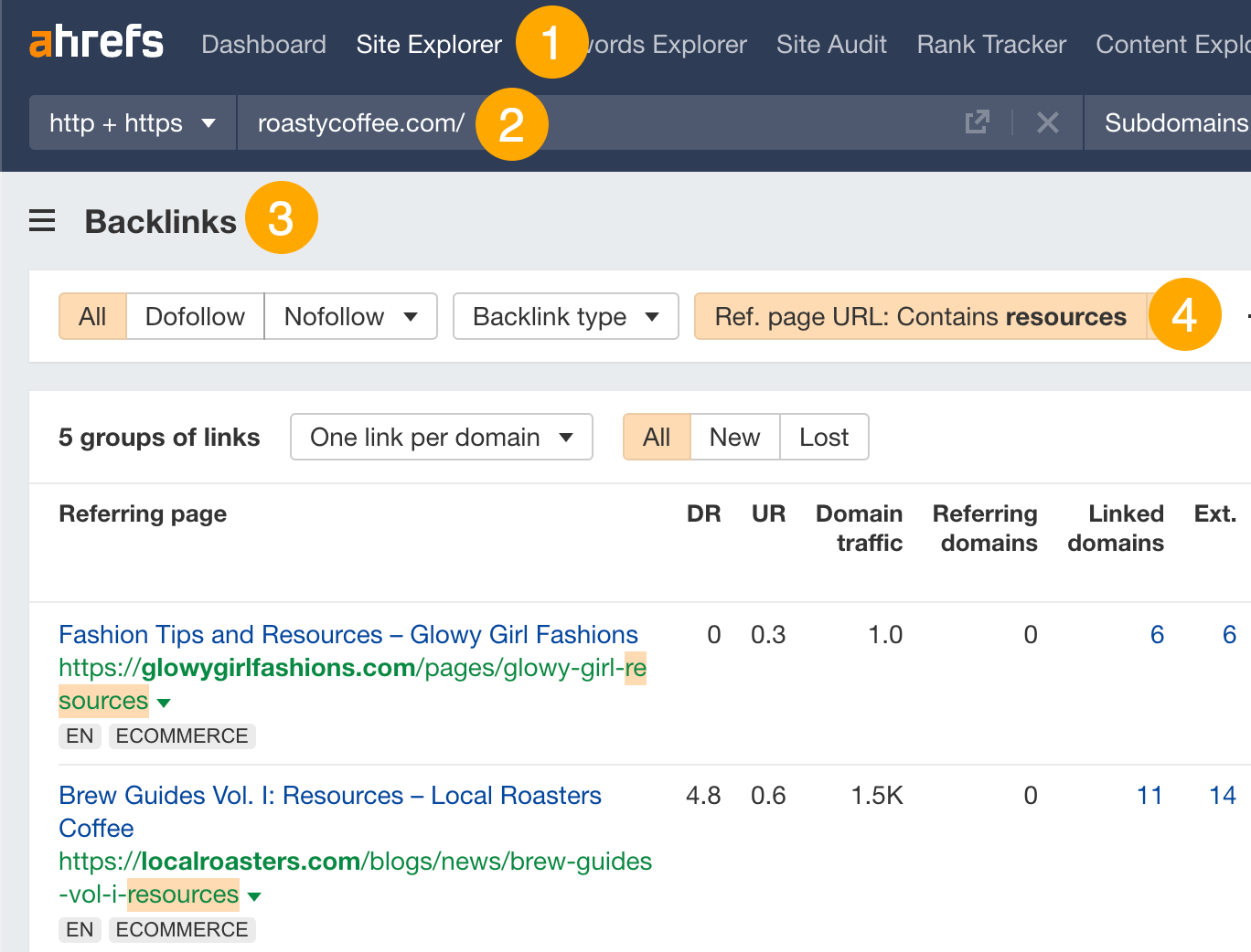 Searching for resource pages in competitor's backlink profile in Ahrefs' Site Explorer
