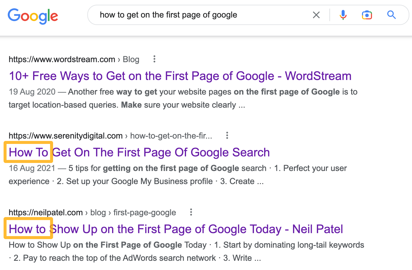 Examples of "how to" guides ranking on the first page for "how to get on the first page of google"
