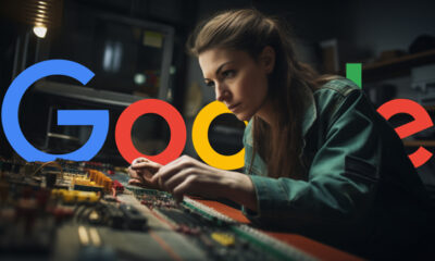 Woman Tinkering Fix Google Logo