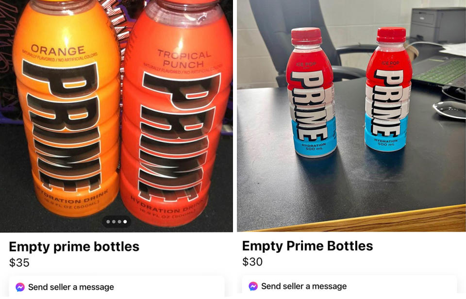 Empty Prime bottles on Facebook Marketplace