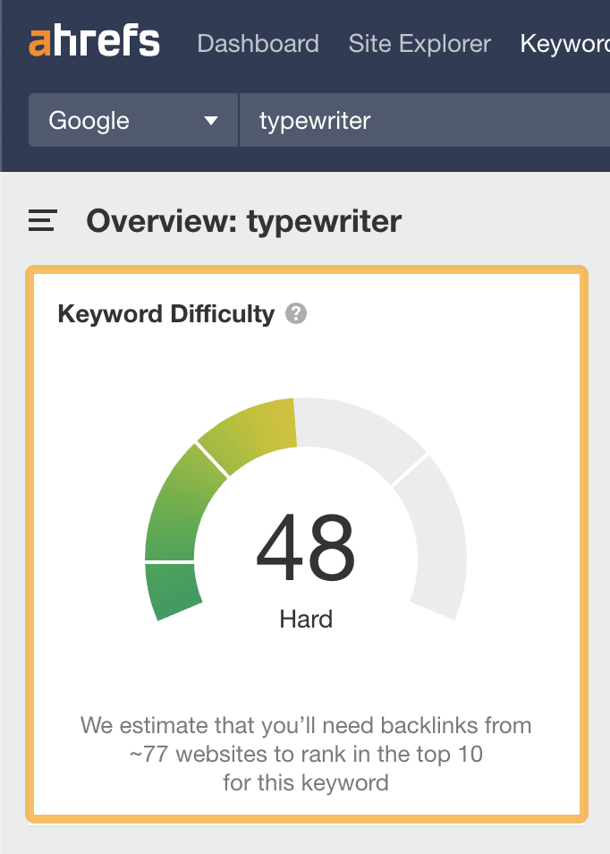 KD data for "typewriter," via Ahrefs' Keywords Explorer