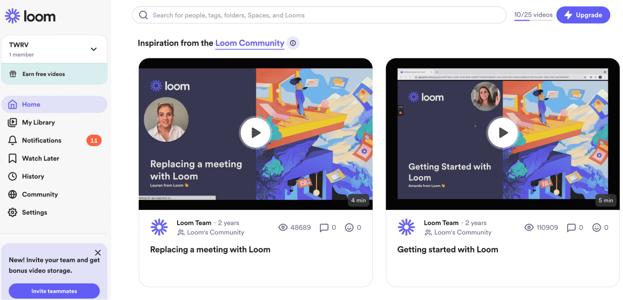 Loom dashboard homepage