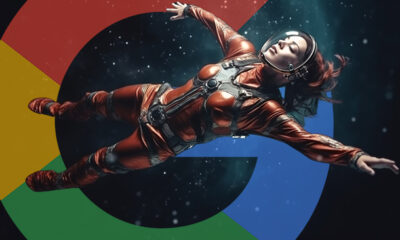 Woman Space Suit Floating Google Logo