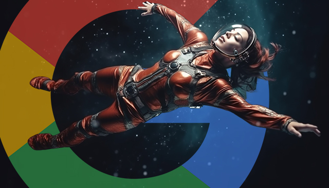 Kvinna rymddräkt flytande Google-logotyp