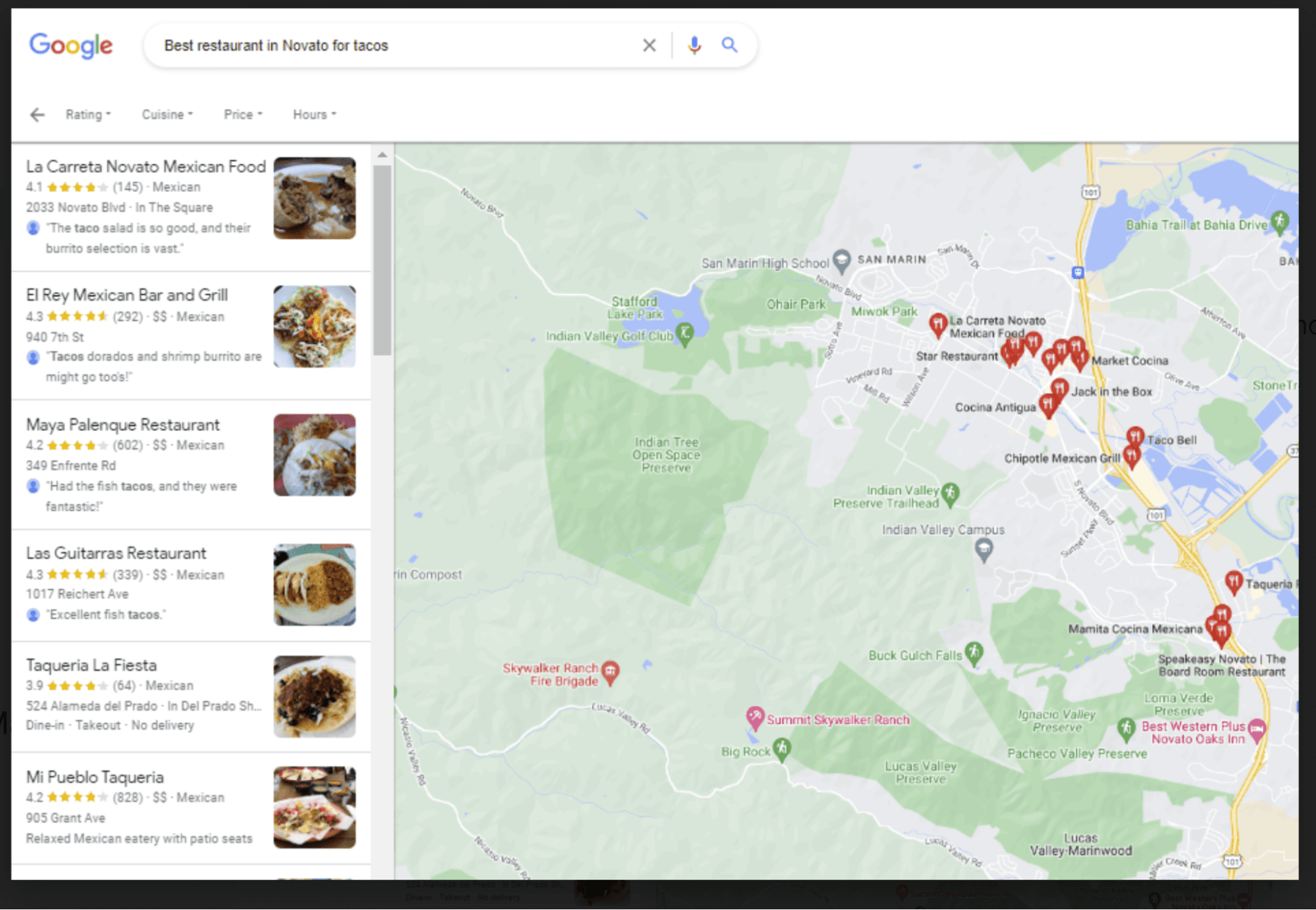 Google local finder results showing top six taco restaurants in Novato, California
