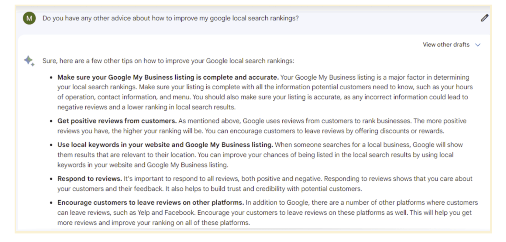 Bard explains how to improve Google local search rankings