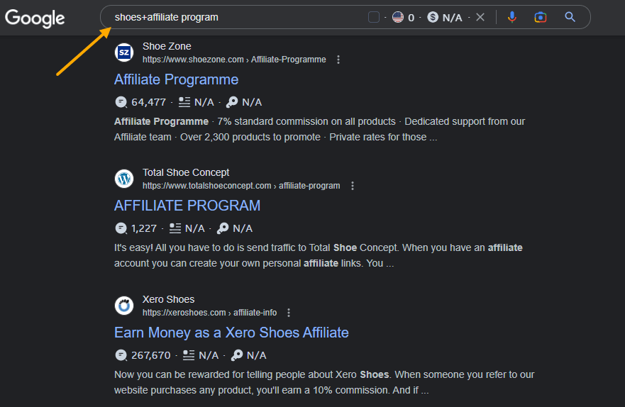 Google search for shoe affiliate programs