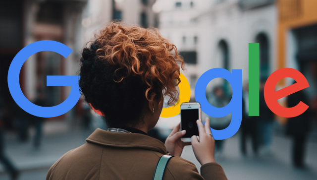 Woman Messaging On Street Google Logo