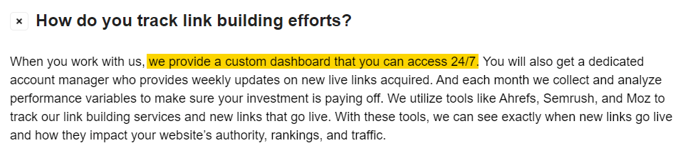 Link building agency's website stating it provides a customer dashboard