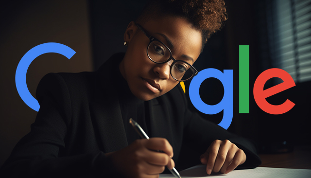 Smart Woman Writing Google Logo