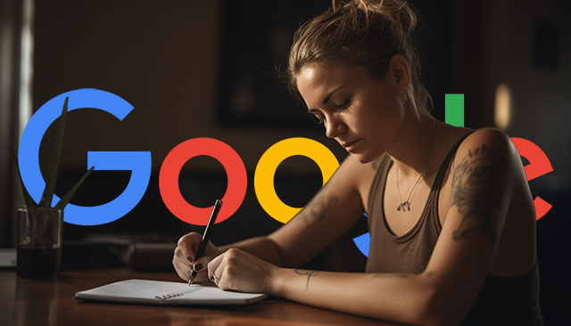 Frau schreibt Google-Logo