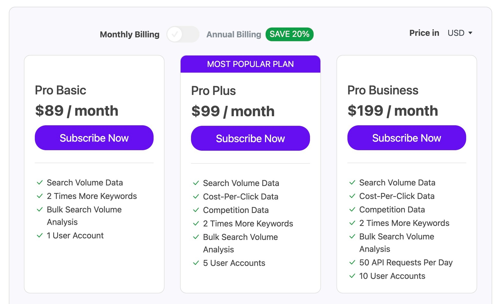 keywordtool.io pricing plans screenshot 