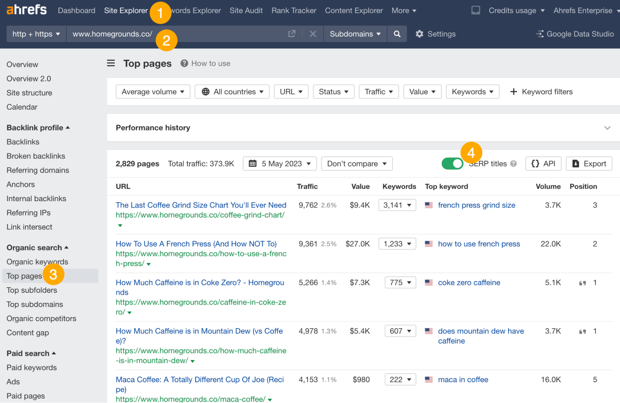 Top pages report, via Ahrefs' Site Explorer