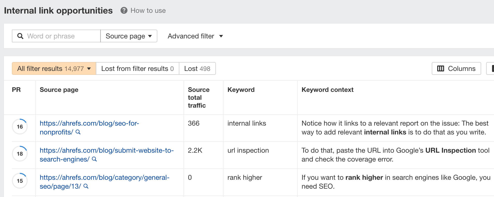 Internal link opportunities report, via Ahrefs' Site Audit