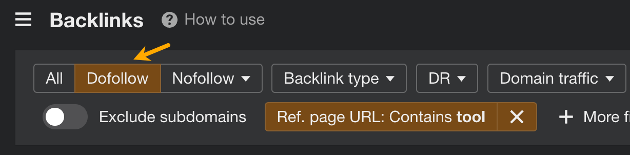 "Dofollow" filter in Ahrefs Backlinks report