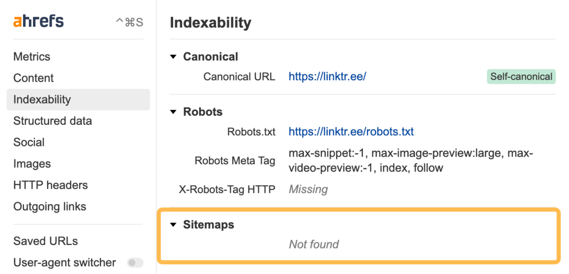 Missing sitemap.xml file, via Ahrefs' SEO Toolbar
